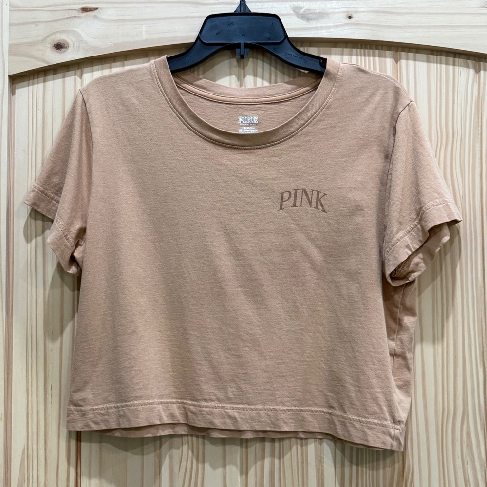 Pink Victoria's Secret Tan/Orange Crop Top Short Sleeve Logo Graphic Tee Large